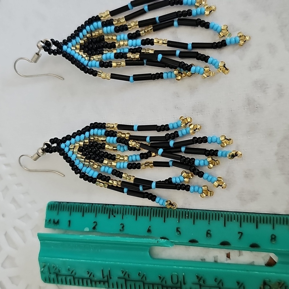 Chic Beaded Fringe Earrings in Black, Blue, and Gold - Picture 4 of 4